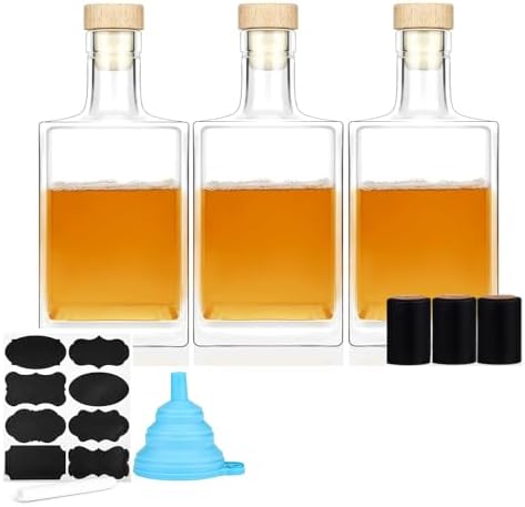 3Pack 25 oz (750ml) Glass Bottle with T-Top Cork, Heavy Bottom Vodka Bottle for Wine, Juice, Milk, Whiskey, Sauce, Gift Giving