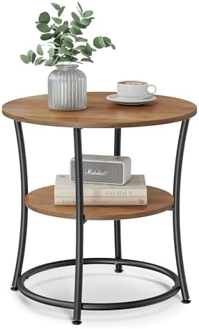 VASAGLE Side Table, Round End Table with 2 Storage Shelves for Living Room, Bedroom, Nightstand with Steel Frame for Small Spaces, Accent Coffee Table, Rustic Walnut and Ink Black