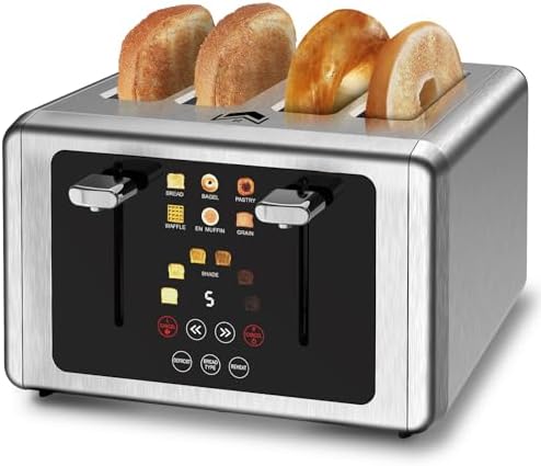 4 Slice Toaster, Touchscreen & Dual Independent Control Panel，5 Basic Functions & Digital Countdown Toasters, 6 Shade Settings＆6 Bread Types, Smart Bread Maker Mute/Screen-Off,Silver