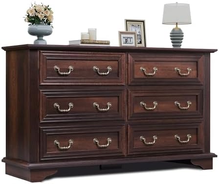 WLIVE Wood Dresser for Bedroom with 6 Drawer, 51.97'' Wide, Farmhouse Long Storage Dresser Organizer with Roman Metal Handle, TV Stand for 60 inch TV, Chest of Drawers for Living Room, Hallway, Brown