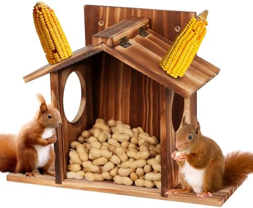 Squirrel Feeder, Squirrel Picnic Table Feeder with Corn Cob Holder and Peanut Tray, Squirrel Feeders for Outside, Wooden Squirrel House for Squirrels