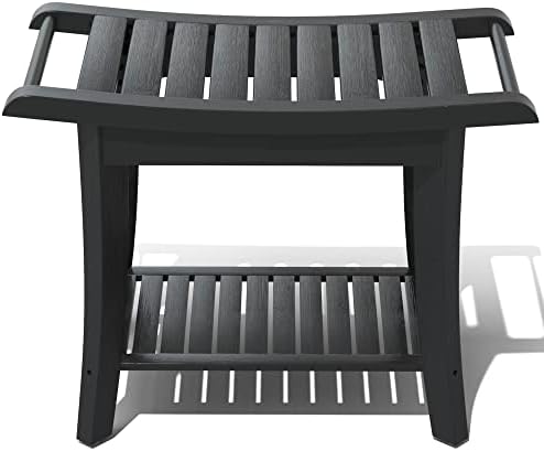 Bamboo Shower Stool Bench Waterproof with Storage Shelf for Shaving Legs or Spa Bath Seat in Bathroom & Inside Shower for Adults Seniors Elderly (24 x 13.4 x 18.5 inches+Black)