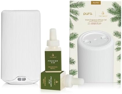 Thymes Pura Plus Smart Home Fragrance Diffuser Kit - Includes 1 Tabletop Pura Diffuser and 2 Frasier Fir Pura Refills - Notes of Siberian Fir, Cedarwood & Sandalwood