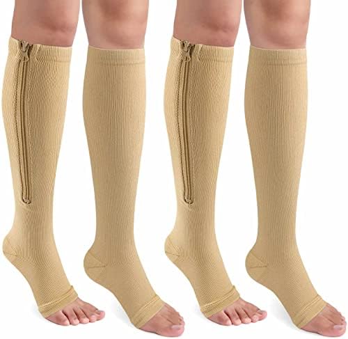 CASMON 2 Pairs Zipper Compression Socks for Women & Men, 15-20 mmHg Open Toe Knee High Support Socks with Zipper for Varicose Veins Edema