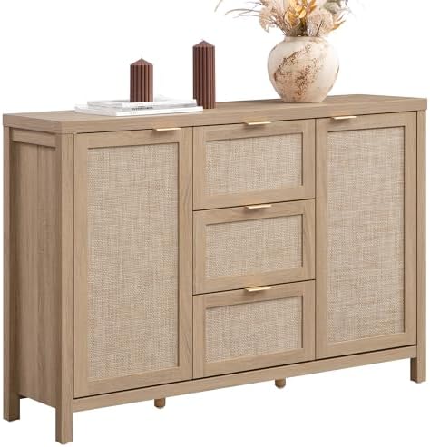 SICOTAS 52" Larger Sideboard Buffet Coffee Bar Cabinet with Storage - Farmhouse Rattan Credenza Storage Cabinet with 3 Drawers and 2 Doors, Boho Console Table for Living Room, Kitchen, Light Oak