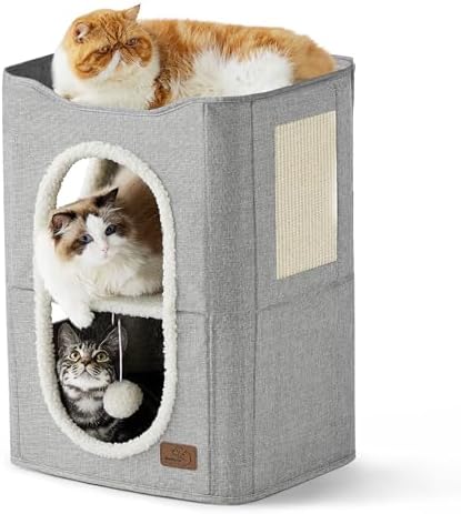 Bedsure 2-Level Cat House for Indoor Cats - Small Cat Towers with Scratch Pad and Hideaway Condo, Cat Cave Bed Furniture for Multi Pets and Large Cats, 18x14x23 inches, Grey