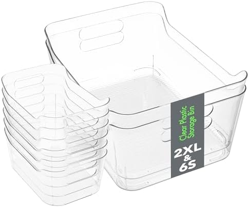 Tiawudi Set of 8 Clear Plastic Storage Bins, 2 Extra Large and 6 Small Storage Containers for Pantry Organization, Multi-Use Organizer Bins for Home, Kitchen, Cabinet, Bathroom, Fridge & Freezer