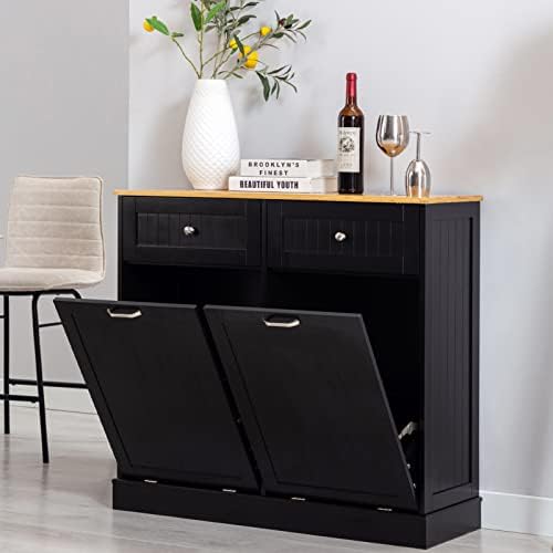 Gitua Double Tilt Out Trash Cabinet 20 Gallon, Freestanding Wooden Kitchen Trash Recycling Cabinet with Drawer & Removable Cutting Board, Dog Proof Trash Can Cabinet, Black