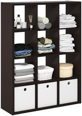 Furinno Cubicle Book Shelf, 12-Cube Thick Frame Bookshelf, Reversible Bookcase with Open Back, 14.6" x 43.8" x 58", for Living Room, Bedroom, Home Office, Black Dark Oak