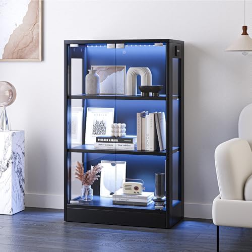 Display Cabinet with Glass Doors 3-Tier, 7 Vibrant Colors 3 Dynamic Lighting Modes HD Glass Storage Cabinet with Human Body Sensor(Black)