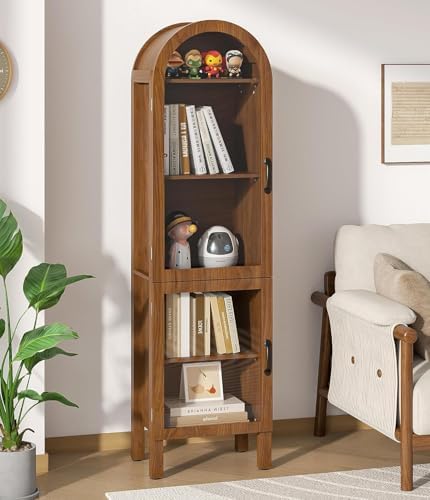 64.17 in Tall Arched Display Cabinet with Acrylic Glass Doors 5-Tier Kitchen Pantry Storage Cabinets Modern Wood Curio Cabinet Bookcase for Living Dining Room (Walnut, 16.92‘’W)
