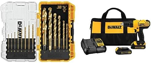 DEWALT 20V Max Cordless Drill / Driver Kit, Compact, 1/2-Inch with 14-Piece Titanium Speed Tip Drill Bit Set (DCD771C2 & DW1341)