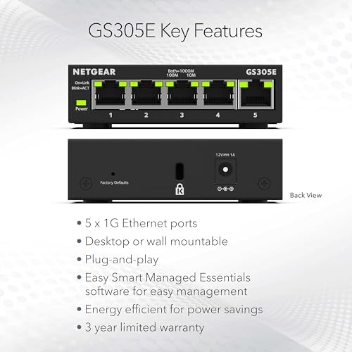 NETGEAR 5-Port Gigabit Ethernet Easy Smart Managed Essentials Switch (GS305E) - Desktop or Wall Mount, Home Network Hub, Office Ethernet Splitter, Silent Operation