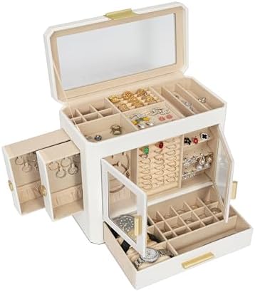 11" Large Jewelry Box White Woven PU Leather Storage Case Holds 100+ Pieces, Jewelry Case with Metal Handles for Necklaces, Rings, Earrings – Elegant Gift for Women