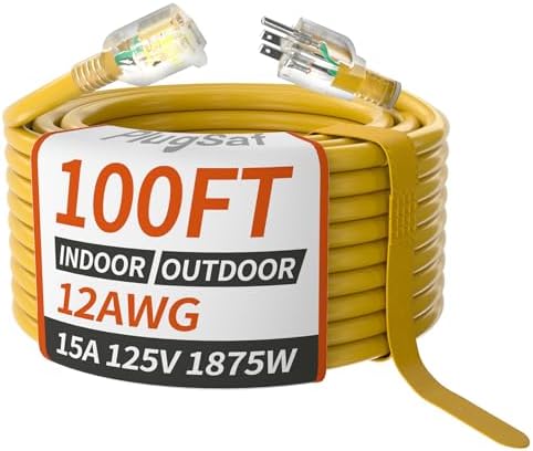 100ft 12/3 Gauge Outdoor Extension Cord Waterproof with Lighted Indicator,12 Gauge SJTW Heavy Duty 15Amp 1875W,3 Prong Cords Flexible 100% Copper Yellow ETL Listed