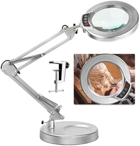 10X Magnifying Glass with Light, 5 Color Modes Stepless Dimmable 2-in-1 LED Lighted Desk Lamp & Clamp, Hands Free Magnifier with Light and Stand for Craft Hobby Repair Close Work - Silver