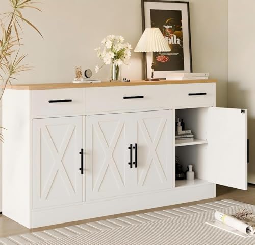 SUNLEI Buffet Cabinet with Storage, Farmhouse Storage Cabinet with 4 Doors and 3 Drawers, Wood Buffet Table with Adjustable Shelf for Living Room, White