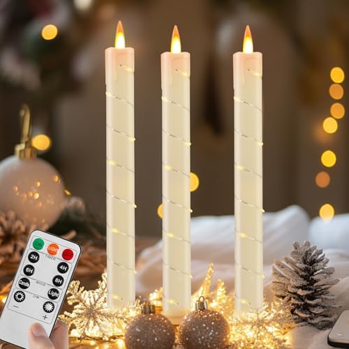 3 Pcs Flameless Taper Candles, Battery Taper Candles Flickering Flame with Embedded Star String, Candle Sticks Battery Powered with Remote Control, Timer Function Ideal for Christmas (Ivory)