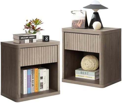 SICOTAS Night Stand Set of 2 Nightstands with Drawer Storage Fluted Bed Side Table End Table Large Modern Wide Bedside Stand Mid Century Night Stands for Bedroom Living Room Sofa Office, Grey Alder