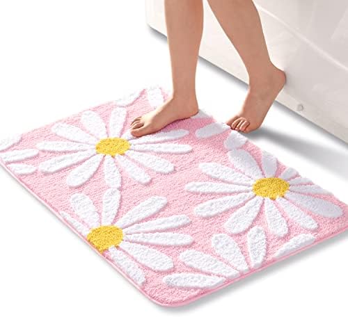 QJHOMO Pink Bathroom Rugs Cute Daisy Bath Mat White and Yellow Flower Decor Rug Non Slip Floor Carpet Microfiber Bathmat Super Absorbent Machine Washable Bathtub Mats for Shower (24x36 inch)