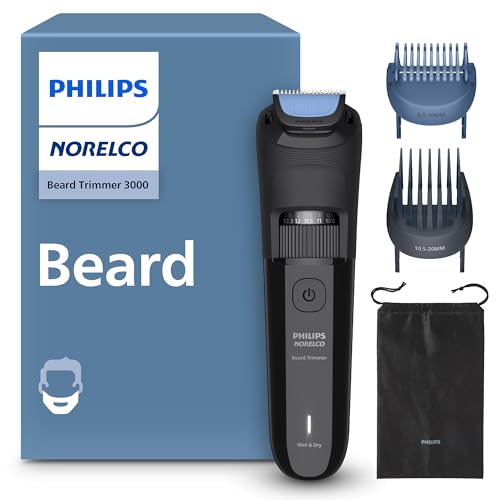 Norelco Philips 100% Waterproof Beard Trimmer 3000 Series with Self-Sharpening Blades, 40 Adjustable Beard Trimmer Length Settings & Two Lift&Trim Combs, USB Charging, BT3620/40