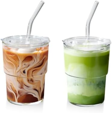 15 oz Matcha Cup Set of 2, Iced Coffee Tumbler Water Glass with Straw and Lid, Clear Thick Wall Matcha Iced Coffee Glass To Go for Smoothie Tea Soda Juice