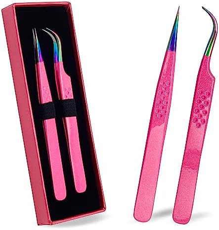 Precision Eyelash Extension Tweezers,Straight And Curved, with Fiber Tip, Volume & Isolation Tweezers, Japanese Stainless Steel, Unique Spotted Design (Pink Color)