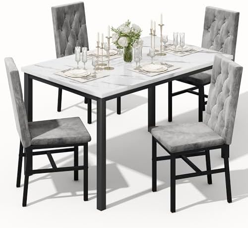 Hooseng Dining Table Set for 4, Faux Marble Small Kitchen Table Chairs Set of 4 with Luxurious Button Tufted Dinner Chairs for Kitchen and Dining