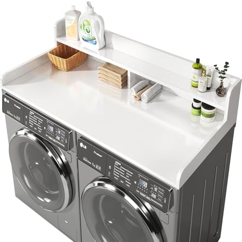 2-Tier Washer and Dryer Countertop with 2.75" H Guard,54" W x 27.5" D Laundry Countertop Cover with Non-Slip Pad,Large Space Laundry Topper for Folding Clothes Over Washer and Dryer-White