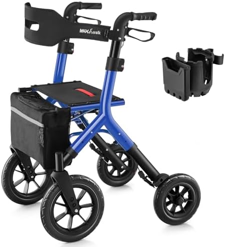 Rollator Walker with Seat, Tall Walkers for Seniors, 12" Big Rubber Wheels All Terrain Rollator Walker with Backrest, Built-in Cable, Foldable and Dual Adjustable Height for 5.3-7ft, Blue