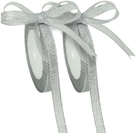 50 Yards Metallic Ribbon with Gold & Silver Threads,Glitter Ribbon for Gift Wrapping, Christmas, Valentine’s Day, Bouquet, and DIY Decor(Silver 2 Rolls, 3/8 Inch)