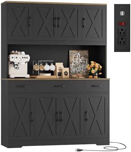 HOSTACK 71" Tall Kitchen Pantry Storage Cabinet with Charging Station, 55" Wide Kitchen Hutch Cabinet with Large Countertop, Farmhouse Food Pantry with Drawers for Living Room (Black)