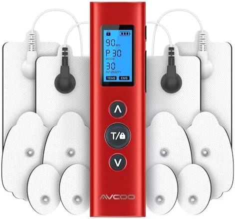 30 Modes TENS EMS Unit Compact Muscle Stimulator for Pain Relief, Rechargeable & Portable Dual Channel Muscle Stimulator with 30 Intensity Levels and 12 Electrode Tens Unit Replacement Pads Red