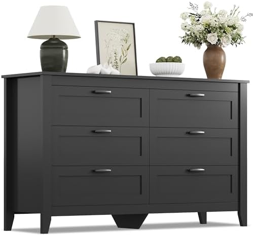 WLIVE Black Dresser for Bedroom, 6 Drawer Wood Dresser with Metal Handle, Large Double Wooden Chest of Drawers for Living Room, Hallway, Closet