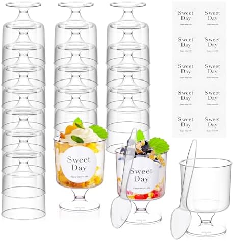 100 Pcs Clear Dessert Cups with Spoons 5 Oz Plastic Parfait Cup Disposable Appetizer Cup Round Serving Goblet Cup Dessert Cup for Party Fruit Ice Cream Mousse Pudding Appetizer Bowl (Clear)
