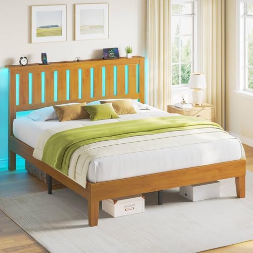 Rolanstar Full Bed Frame with Headboard, Solid Wood Bed Frame Foundation with Wood Slat Support, Charging Station & LED Lights, No Box Spring Needed, Pine