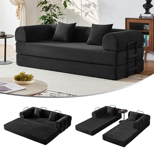 5-in-1 Convertible Sofa Bed | 79" Modular Sleeper with Fixed Frame & No Assembly | Boneless Compression & Pull Out Bed | Corduroy with High-Resilience Foam for Small Spaces, Apartments (Black)