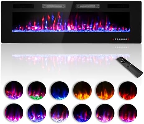 60 inches Electric Fireplace-Wall Fireplace for Living Room-Fireplace Freestanding/Inserts/Wall Mounted with Remote Control, Timer, Dimmer, 12 Flame Colors, 750/1500W, Ultra Thin