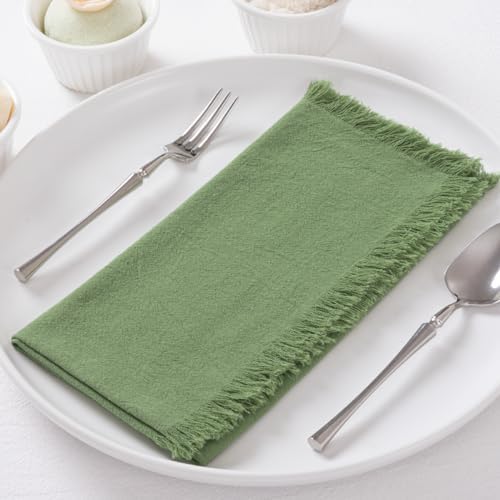 12 Pack Sage Green Cotton Linen Napkins with Fringe Thanksgiving Fall Cloth Napkins Set of 12 Boho Handmade Dinner Table Napkins Bulk for Wedding Baby Shower Christmas Parties, 17 x 17 Inches