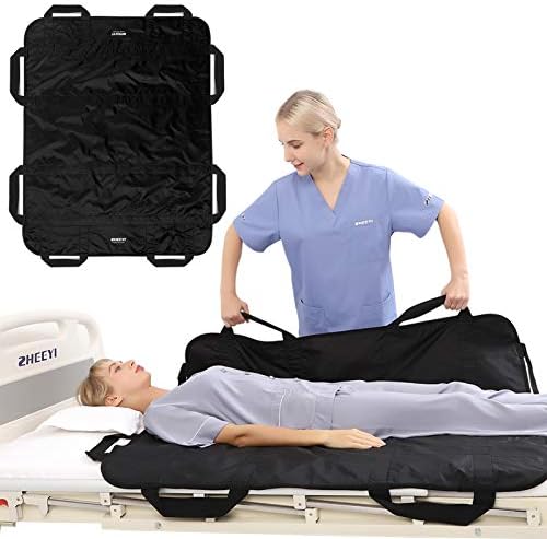 Bed Positioning Pad with Reinforced Handles 48" x 40" Lifting Turning Patient Sheet Transfer Blanket for Caregiver, Bedridden, Elderly, Black