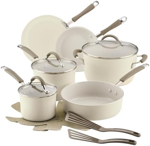 Rachael Ray Cucina Ceramic Cookware Set - 13 Pieces - Ceramic Pots and Pans Set w/Nonstick Frying Pans, Saute Pan, Saucepans, Stockpot, Lids, Pan Protectors & Cooking Utensils - Almond