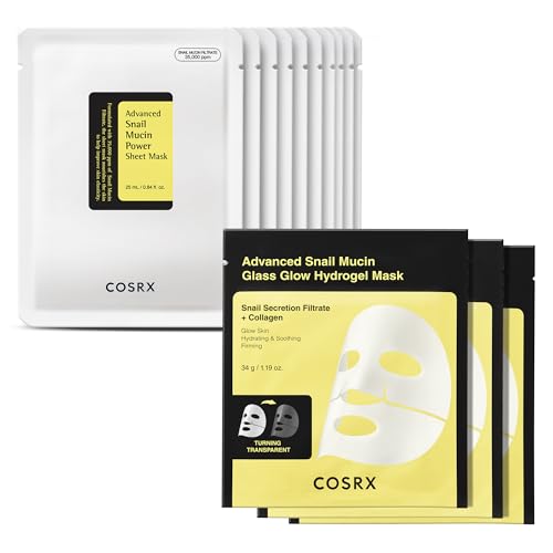 COSRX Snail Mucin Sheet Mask 10EA + Hydrogel Collagen Mask 3EA- Self Care, Stocking Stuffers, Travel Essentials, Gifts for Women, Face Masks for Dry Skin, Korean Skin Care