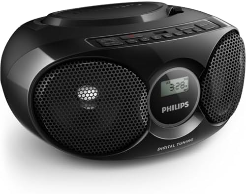 Philips Portable CD Player Boombox, Stereo Dynamic Bass Boost Speakers, Lightweight FM Radio CD Player with LCD Display, USB Playback, Aux Line-in, Boombox Portable for Home AZ318B/37