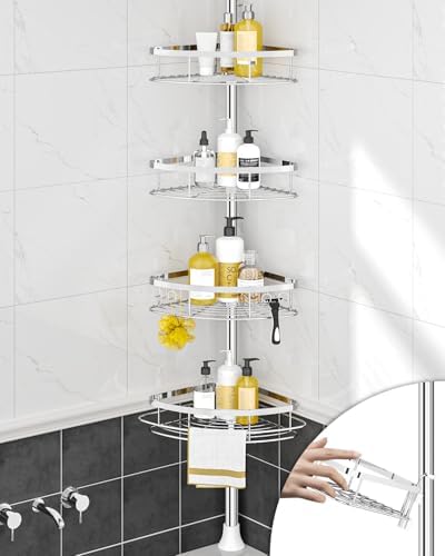 SEIRIONE Rustproof Shower Corner Caddy Organizer for Bathroom, 4 Adjustable Shelves with Tension Pole, for Bathtub Shampoo Accessories Storage Holder, 34 to 116 Inch Height