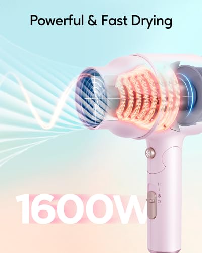 Wavytalk Blow Dryer with Diffuser, Mini Hair Dryer with Folding Handle, 1600W Quiet Lightweight Hairdryer with Diffuser Compact Design, Pinky White