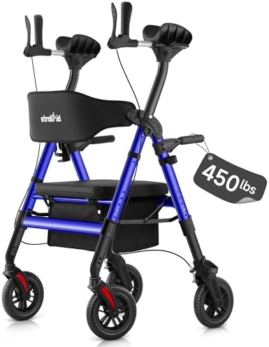 Upright Walkers for Seniors, Stand Up Rollator Walker with Padded Seat and Backrest, Heavy Duty Forearm Rollator with Support Handrail, Holds up to 450 pounds, Compact Folding, Blue