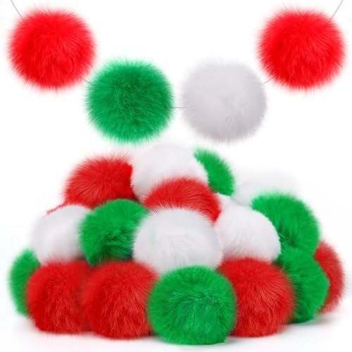2'' Large Pom Poms for Crafts - 30 pcs Faux Fur Pompoms Fluffy Balls for Fall Decorations Christmas Handmade Gifts, Red/Green/White