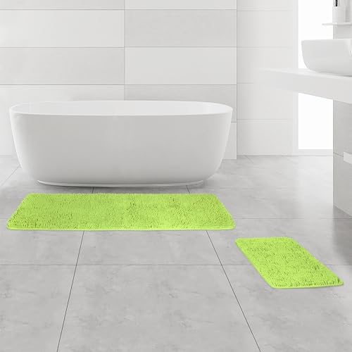 Yeaban Bathroom Rugs Sets 2 Piece – Thick Chenille Bath Mats | Absorbent and Washable Bath Rug Non-Slip, Soft Rugs for Bathroom, Shower, Sink(17" x 24"+17" x 47", Apple Green)