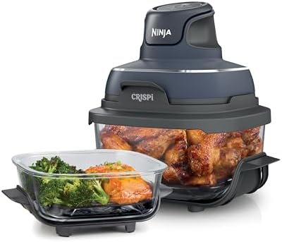 Ninja Crispi Air Fryer, Microwave, Freezer & Dishwasher Safe, Non Toxic Glass Portable Cooking System, 4 QT & 6 Cup Glass Containers with Storage Lids, Easy Meals, Air Fry, Bake, & More Grey, FN101GY (Renewed)