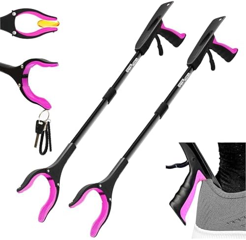 2 Pack 32 inch GrabRunner Folding Reacher Grabber Tool with Strong Magnetic and Swivel Head &Shoehorn (Pink Pink)